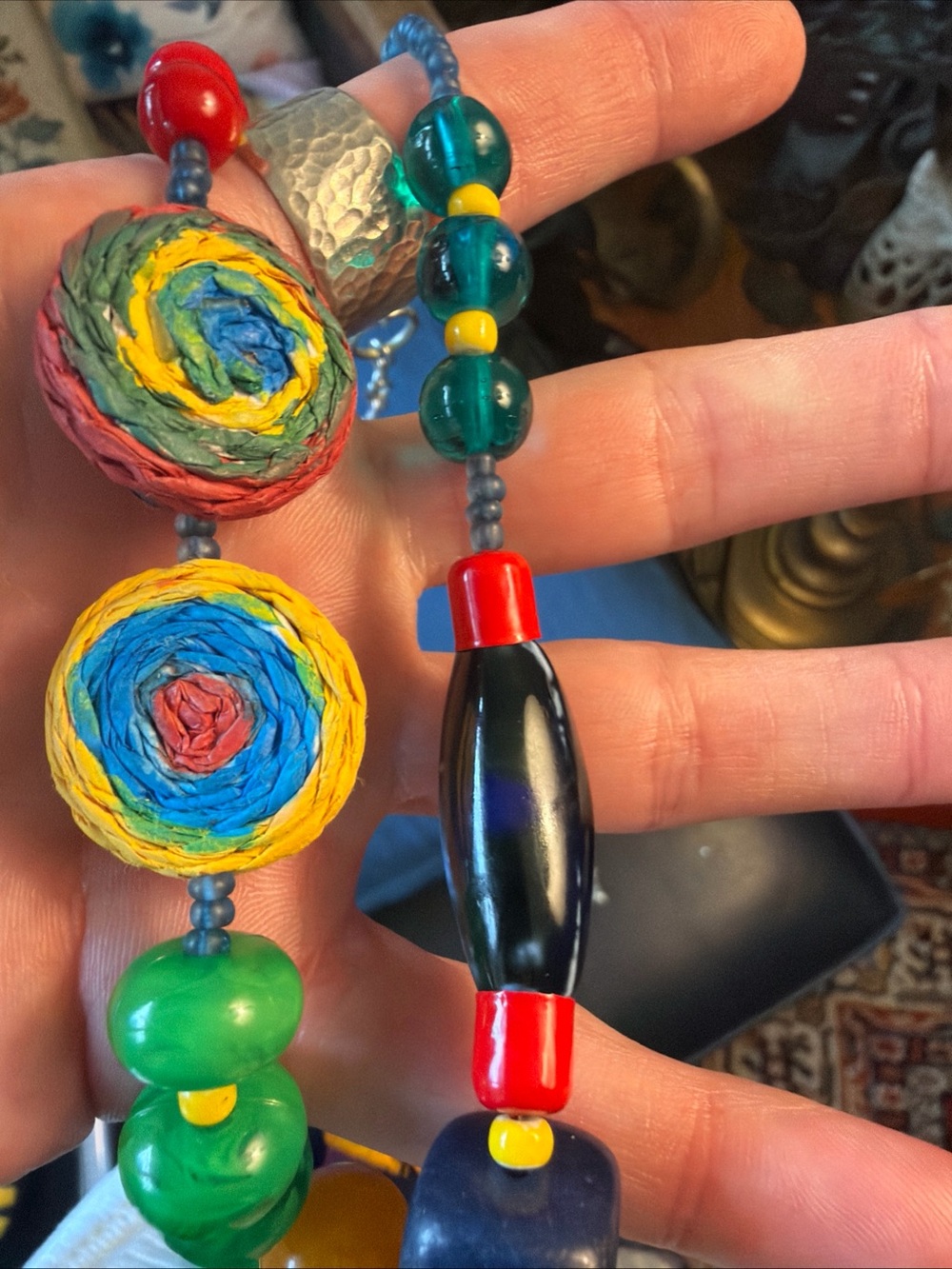 Colorful Boho Multi-Bead Pendant Necklace - Vibrant Green & Yellow Artisan made - Picture 7 of 9